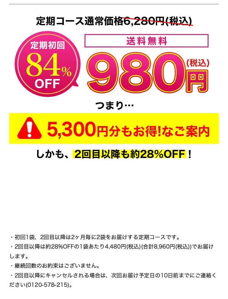 定期コース通常価格6,280円(税込)定期初回84%OFF980円つまり…5,300円分もお得!なご案内