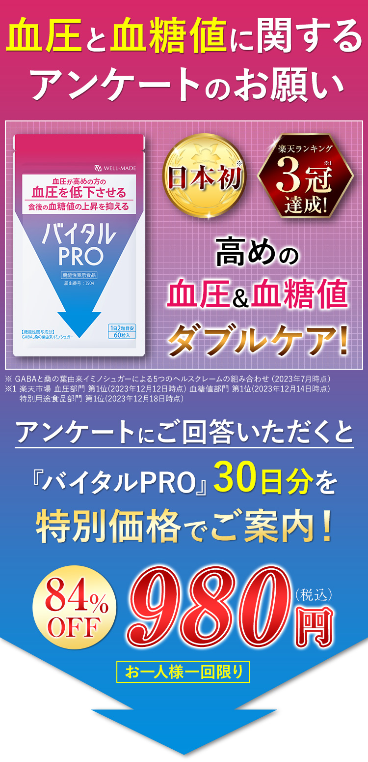 血圧と血糖値に関するアンケートのお願い 日本初※ 楽天ランキング ３冠達成!※1 高めの血圧&血糖値ダブルケア! ※ GABAと桑の葉由来イミノシュガーによる5つのヘルスクレームの組み合わせ（2023年7月時点） ※1 楽天市場 血圧部門  アンケートにご回答いただくと 『バイタルPRO』30日分を特別価格でご案内！ 84%OFF 980円 （税込） お一人様一回限り
